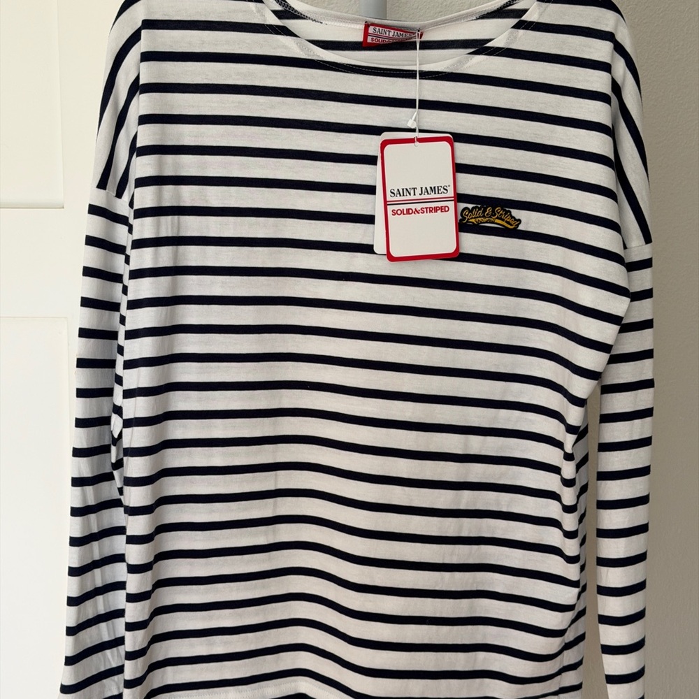 Solid & Striped/Saint James Navy and White Striped Crew with Nautical Patches